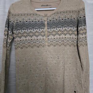 Eddie Bauer Beige Fair Isle Waffle Knit Henley – Women’s PS Petite Small